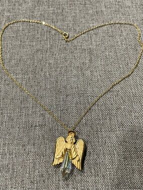 Vintage Gold Angel Pendant Necklace with Crystal Drop